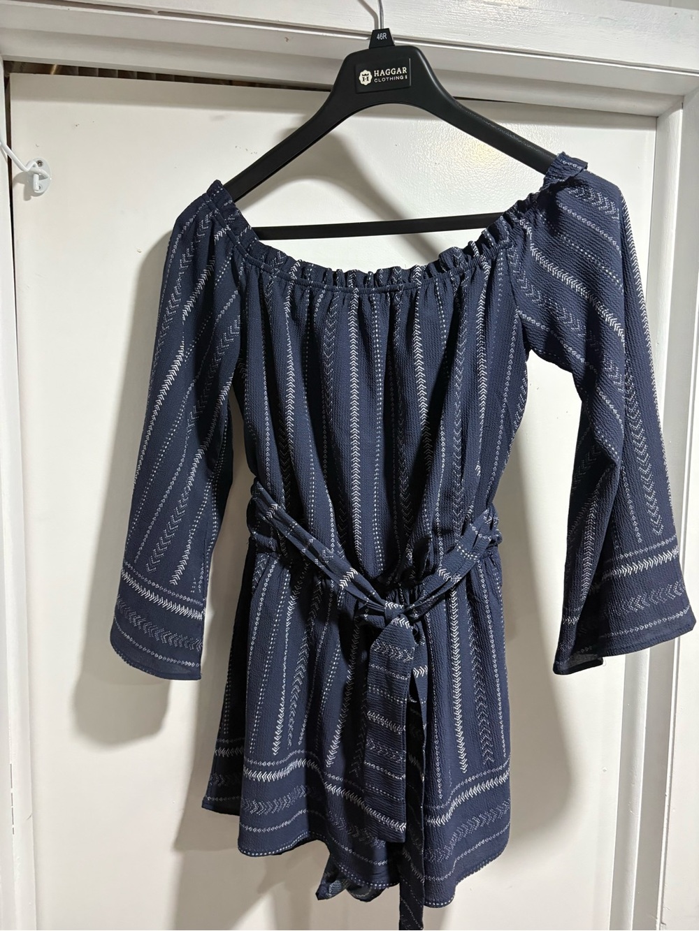 Trac Navy Off-Shoulder Romper with White Stitching